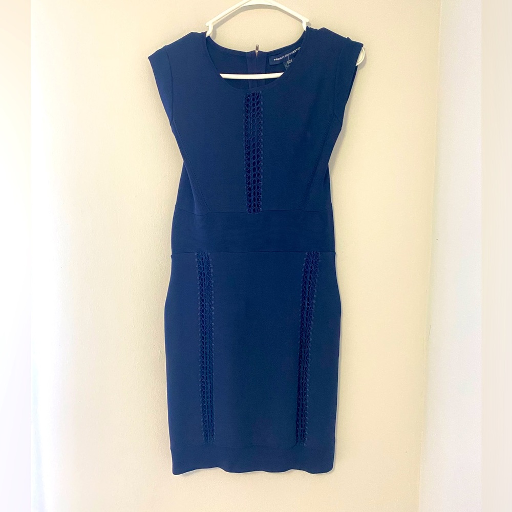 French Connection Navy Blue Embroidered Midi Dress